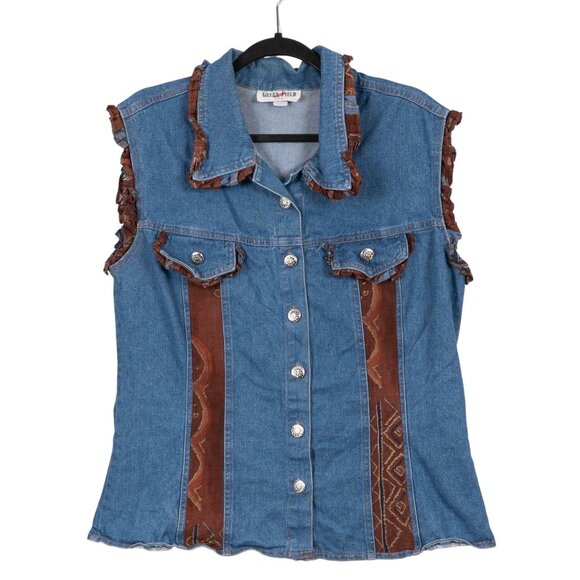 Green Field Denim Vest XL Womens Button Up Country Western Blue Jean Brown USA - Picture 1 of 5